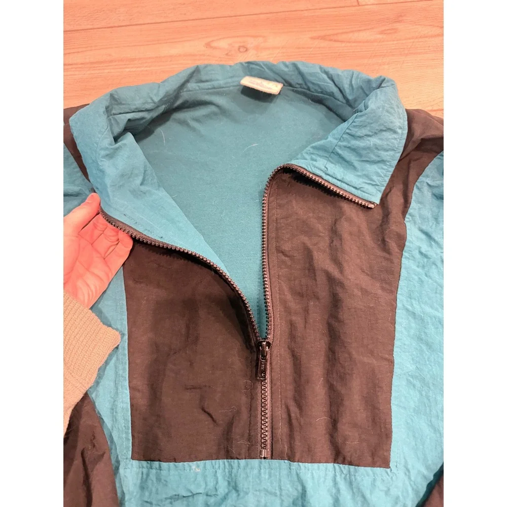 Vintage Cheetah Colorblock Windbreaker Teal Purple Black 1/4 Zip Pullover Large